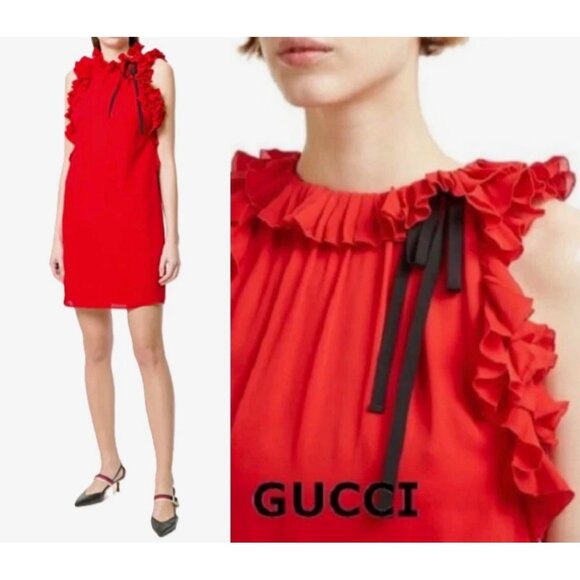 Gucci Red Silk Sleeveless Ruffle Dress Size 44 | Made in Italy | - Picture 1 of 9